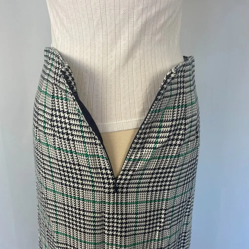 Vintage Midi Skirt Size 12 Black White Green Houndstooth Preppy Academia 80s 90s